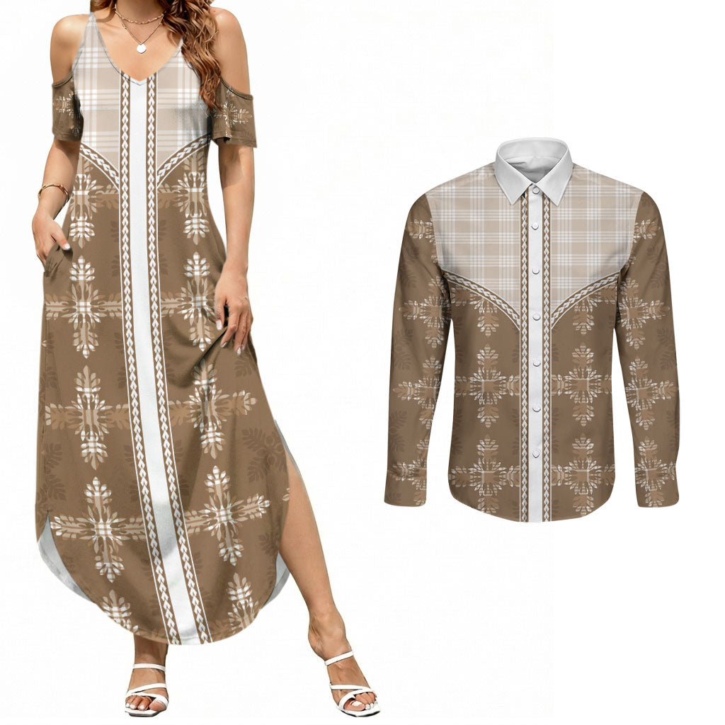 Beige Hawaii Paniolo Quilt Motif Couples Matching Summer Maxi Dress and Long Sleeve Button Shirt LT05 Beige - Polynesian Pride