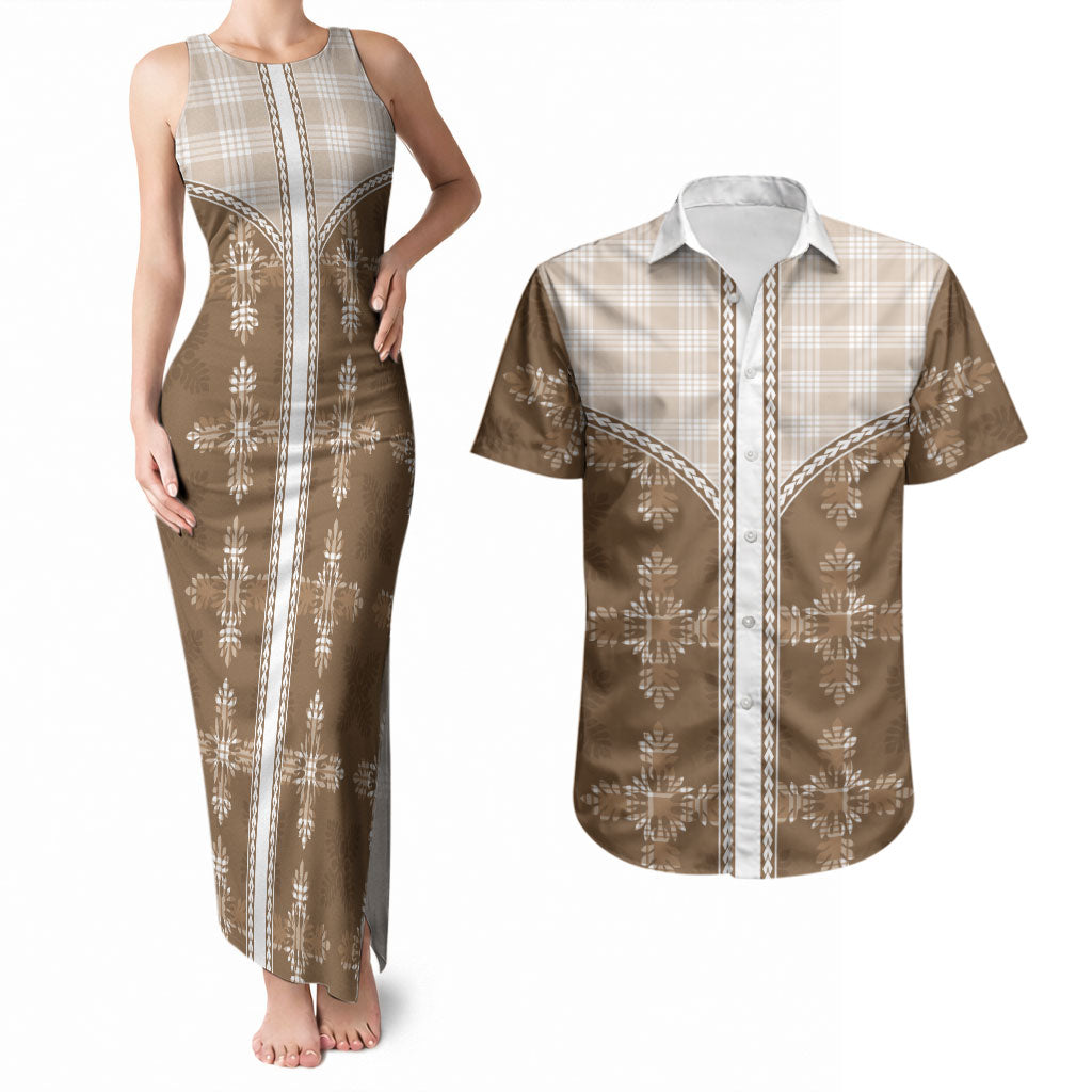 Beige Hawaii Paniolo Quilt Motif Couples Matching Tank Maxi Dress and Hawaiian Shirt LT05 Beige - Polynesian Pride