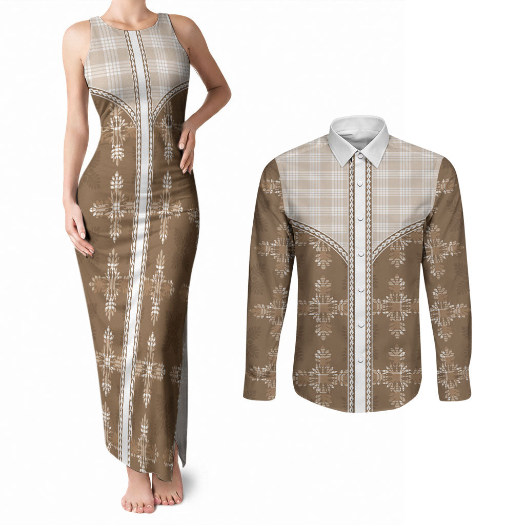 Beige Hawaii Paniolo Quilt Motif Couples Matching Tank Maxi Dress and Long Sleeve Button Shirt LT05 Beige - Polynesian Pride