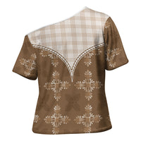 Beige Hawaii Paniolo Quilt Motif Cross Shoulder Shirt LT05 - Polynesian Pride