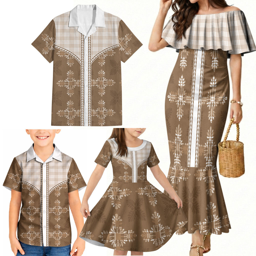 Beige Hawaii Paniolo Quilt Motif Family Matching Mermaid Dress and Hawaiian Shirt LT05 - Polynesian Pride