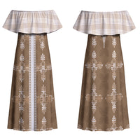 Beige Hawaii Paniolo Quilt Motif Family Matching Off Shoulder Maxi Dress and Hawaiian Shirt LT05 Mom's Dress Beige - Polynesian Pride