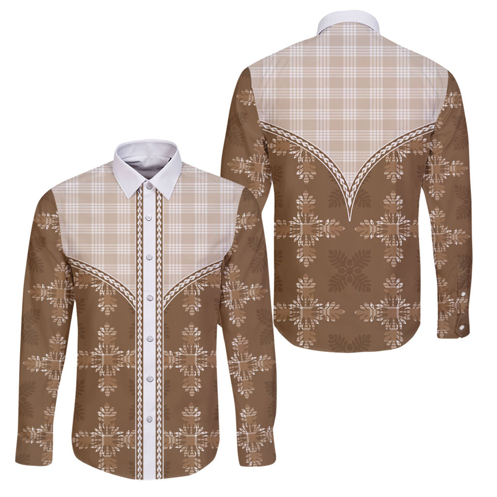 Beige Hawaii Paniolo Quilt Motif Family Matching Off Shoulder Maxi Dress and Hawaiian Shirt LT05 Dad's Shirt - Long Sleeve Beige - Polynesian Pride