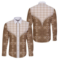 Beige Hawaii Paniolo Quilt Motif Family Matching Off Shoulder Maxi Dress and Hawaiian Shirt LT05 Dad's Shirt - Long Sleeve Beige - Polynesian Pride