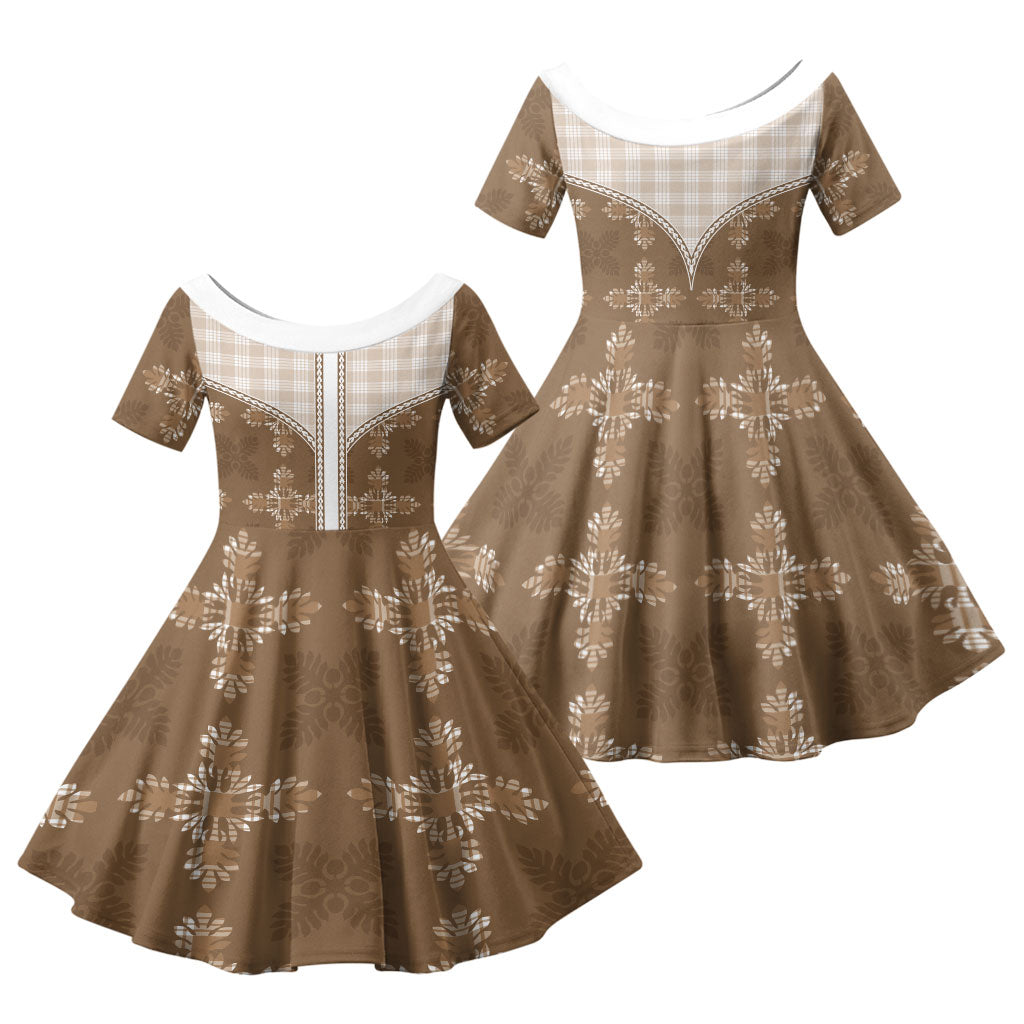 Beige Hawaii Paniolo Quilt Motif Family Matching Off Shoulder Maxi Dress and Hawaiian Shirt LT05 Daughter's Dress Beige - Polynesian Pride