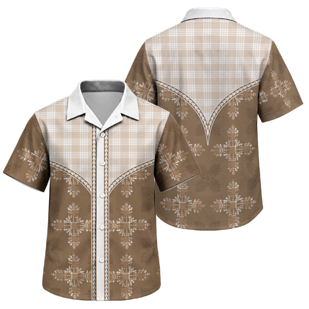 Beige Hawaii Paniolo Quilt Motif Family Matching Off Shoulder Maxi Dress and Hawaiian Shirt LT05 Son's Shirt Beige - Polynesian Pride