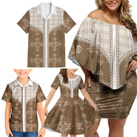 Beige Hawaii Paniolo Quilt Motif Family Matching Off Shoulder Short Dress and Hawaiian Shirt LT05 - Polynesian Pride