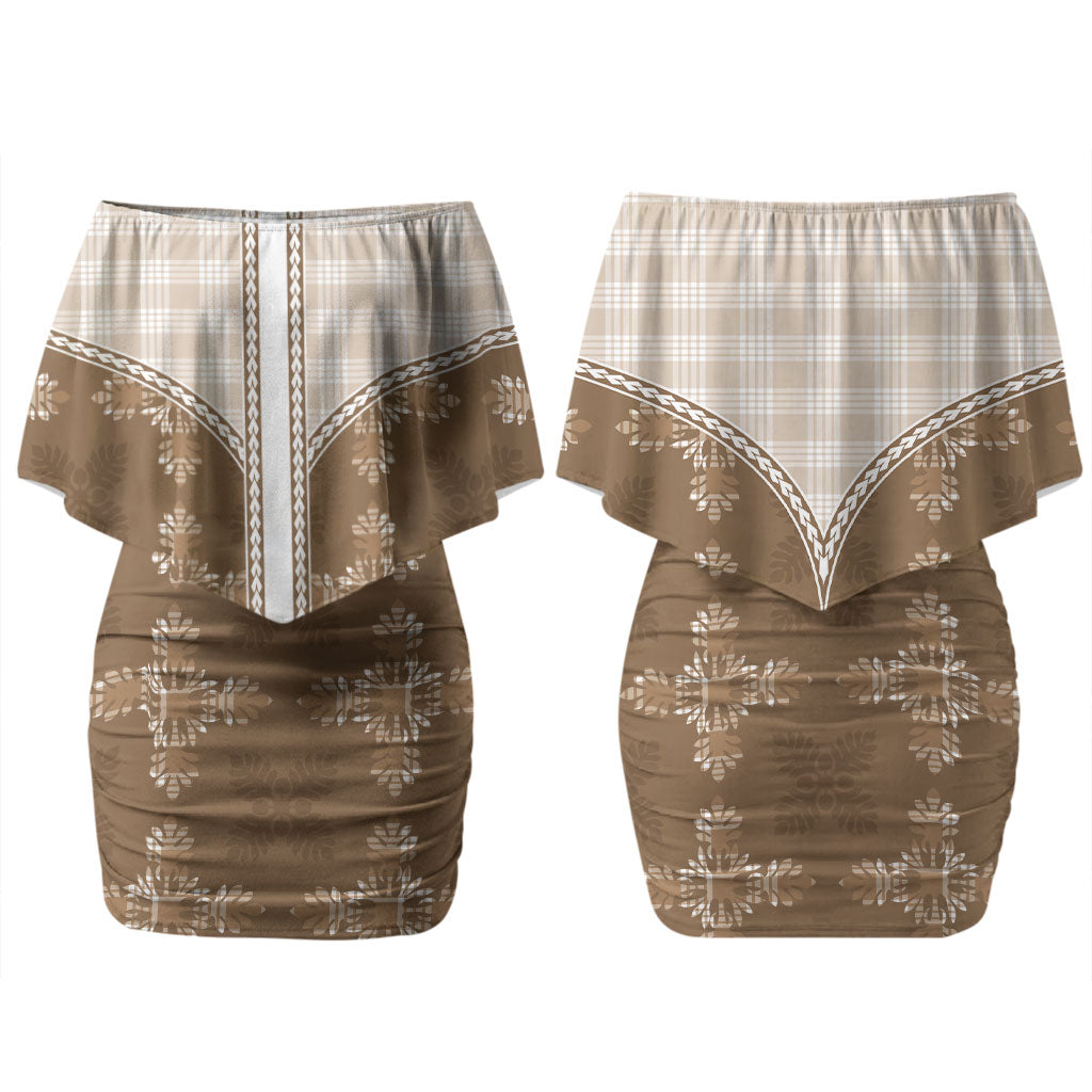 Beige Hawaii Paniolo Quilt Motif Family Matching Off Shoulder Short Dress and Hawaiian Shirt LT05 Mom's Dress Beige - Polynesian Pride