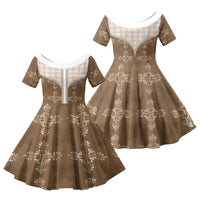 Beige Hawaii Paniolo Quilt Motif Family Matching Off Shoulder Short Dress and Hawaiian Shirt LT05 Daughter's Dress Beige - Polynesian Pride