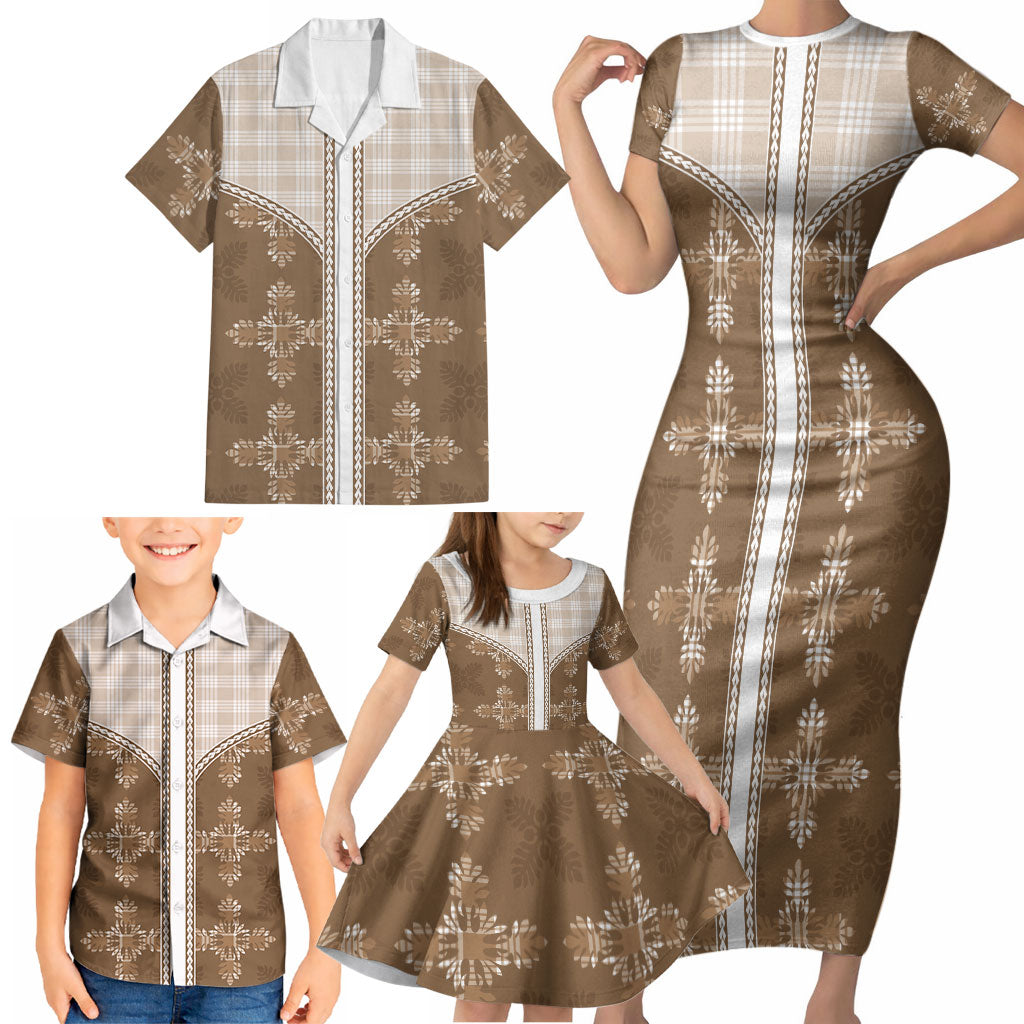 Beige Hawaii Paniolo Quilt Motif Family Matching Short Sleeve Bodycon Dress and Hawaiian Shirt LT05 - Polynesian Pride