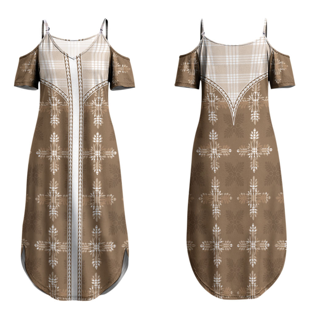 Beige Hawaii Paniolo Quilt Motif Family Matching Summer Maxi Dress and Hawaiian Shirt LT05 Mom's Dress Beige - Polynesian Pride