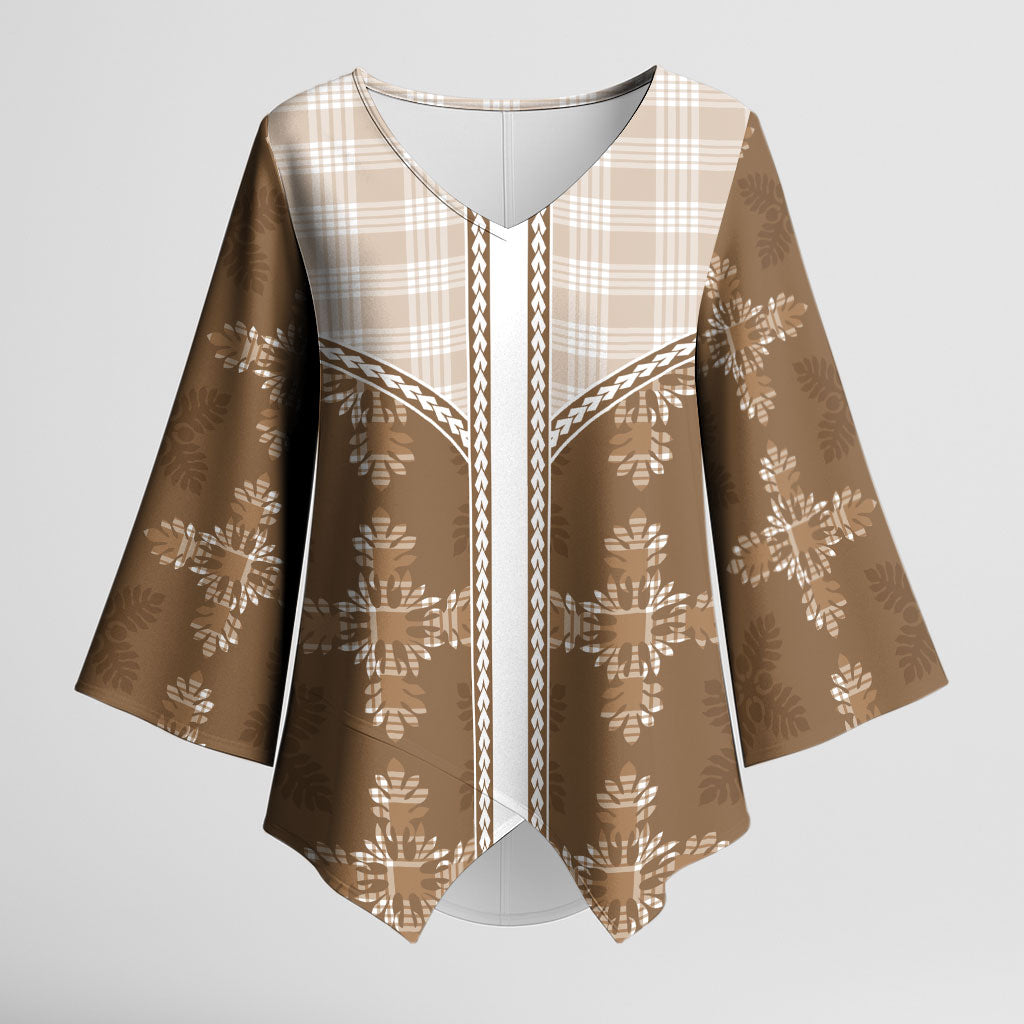 Beige Hawaii Paniolo Quilt Motif Kimono Sleeve Blouse LT05 Female Beige - Polynesian Pride