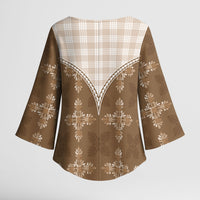 Beige Hawaii Paniolo Quilt Motif Kimono Sleeve Blouse LT05 - Polynesian Pride