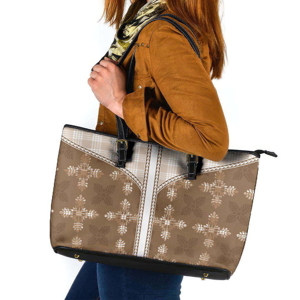 Beige Hawaii Paniolo Quilt Motif Leather Tote Bag LT05 Beige - Polynesian Pride