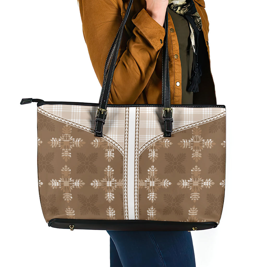 Beige Hawaii Paniolo Quilt Motif Leather Tote Bag LT05 - Polynesian Pride