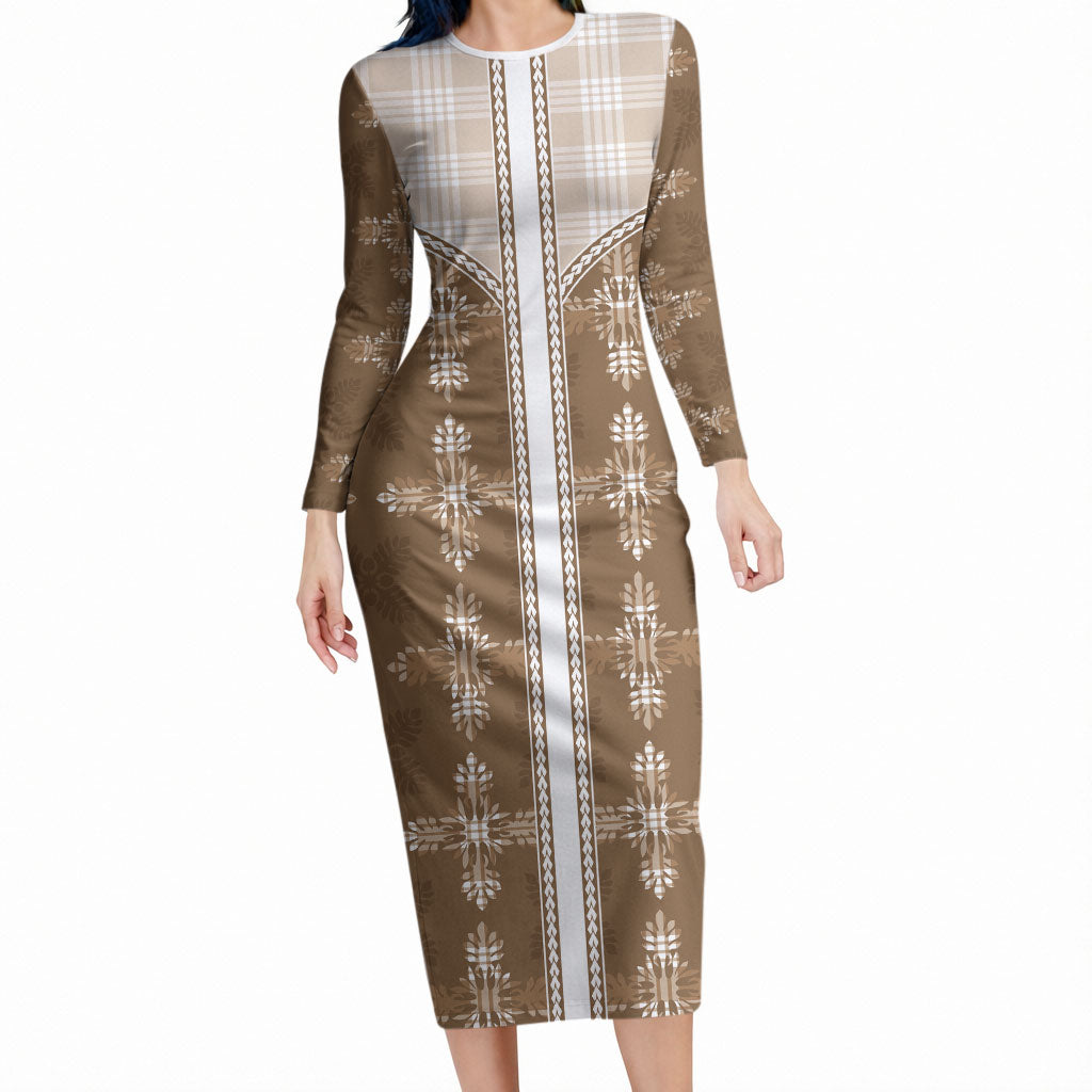 Beige Hawaii Paniolo Quilt Motif Long Sleeve Bodycon Dress LT05 Long Dress Beige - Polynesian Pride