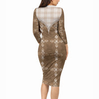 Beige Hawaii Paniolo Quilt Motif Long Sleeve Bodycon Dress LT05 - Polynesian Pride
