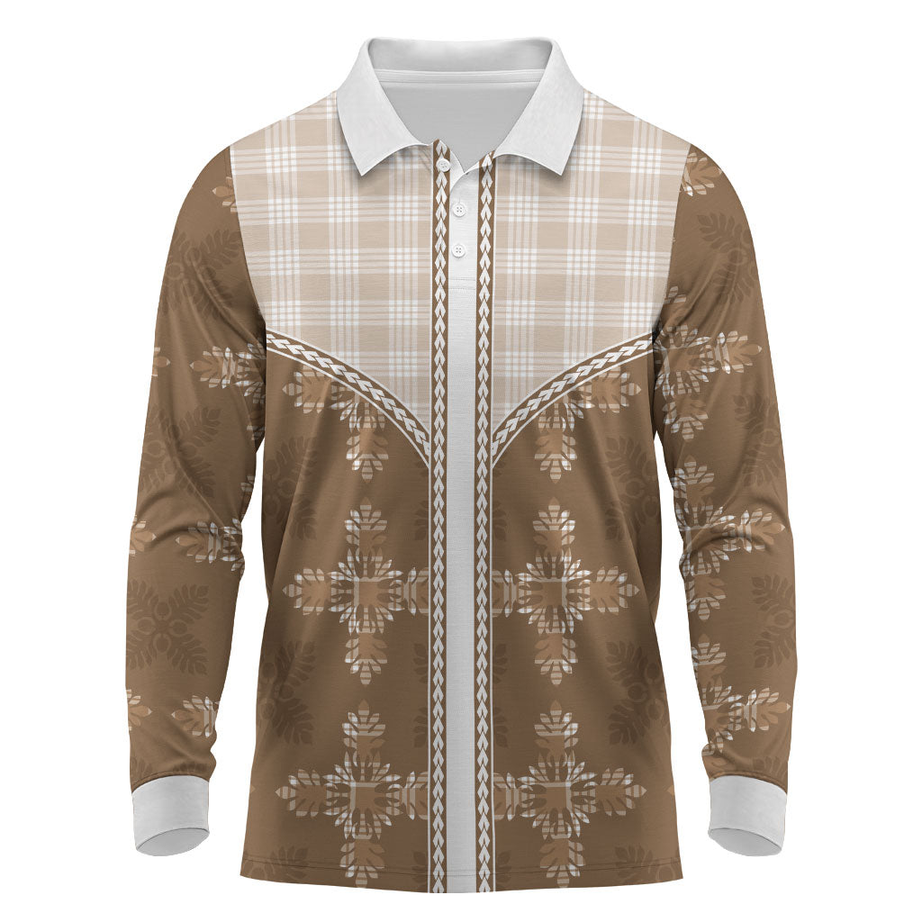 Beige Hawaii Paniolo Quilt Motif Long Sleeve Polo Shirt LT05 Beige - Polynesian Pride