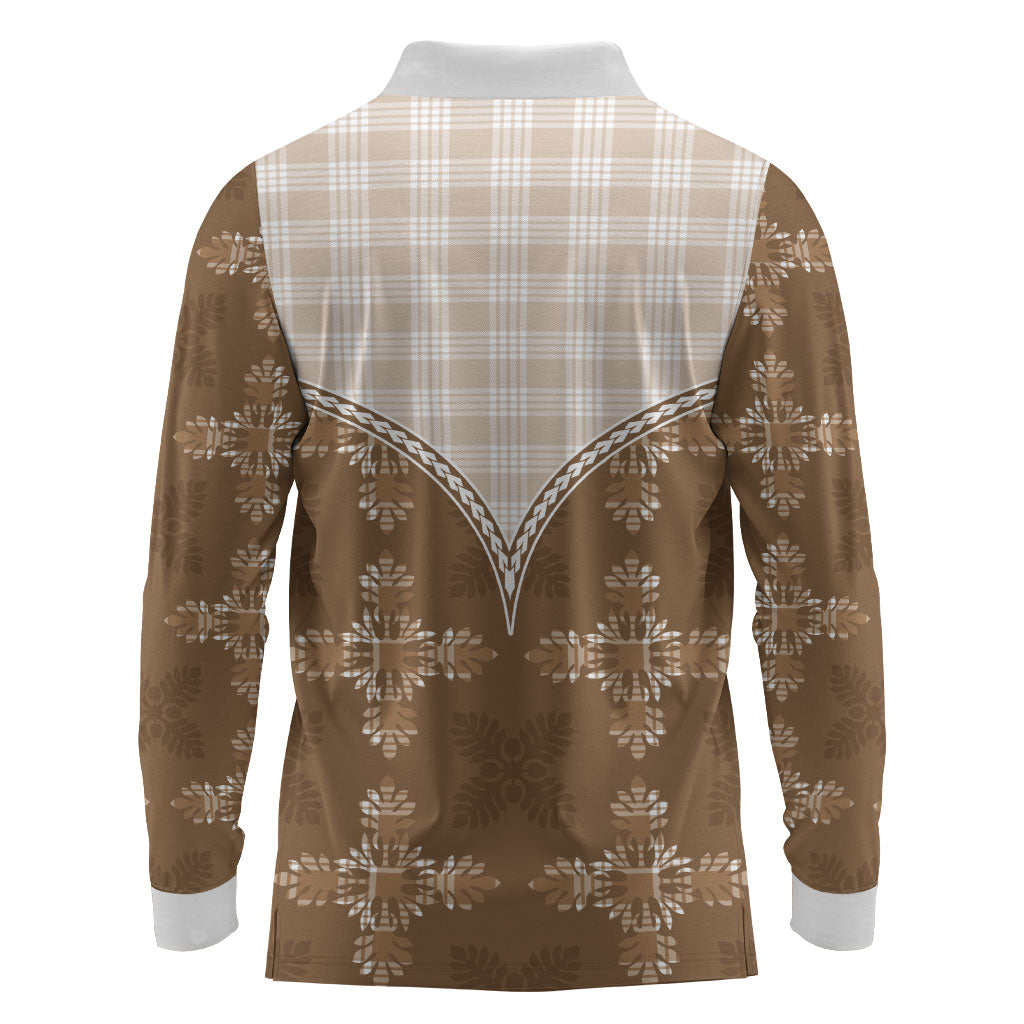 Beige Hawaii Paniolo Quilt Motif Long Sleeve Polo Shirt LT05 - Polynesian Pride