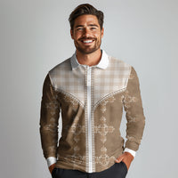 Beige Hawaii Paniolo Quilt Motif Long Sleeve Polo Shirt LT05 - Polynesian Pride