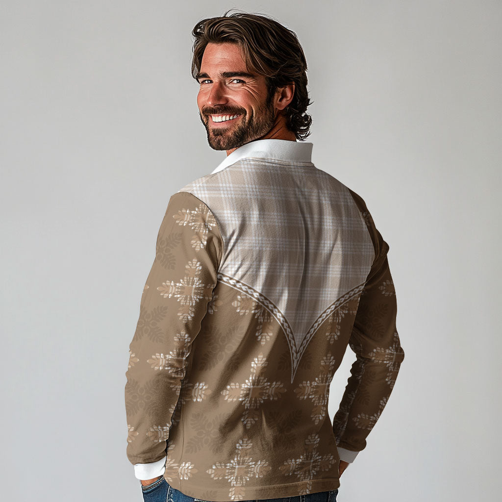 Beige Hawaii Paniolo Quilt Motif Long Sleeve Polo Shirt LT05 - Polynesian Pride