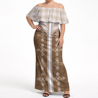 Beige Hawaii Paniolo Quilt Motif Off Shoulder Maxi Dress LT05 Women Beige - Polynesian Pride