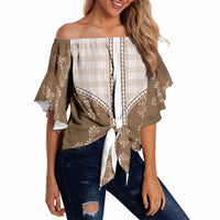 Beige Hawaii Paniolo Quilt Motif Off Shoulder Wrap Waist Top LT05 Beige - Polynesian Pride