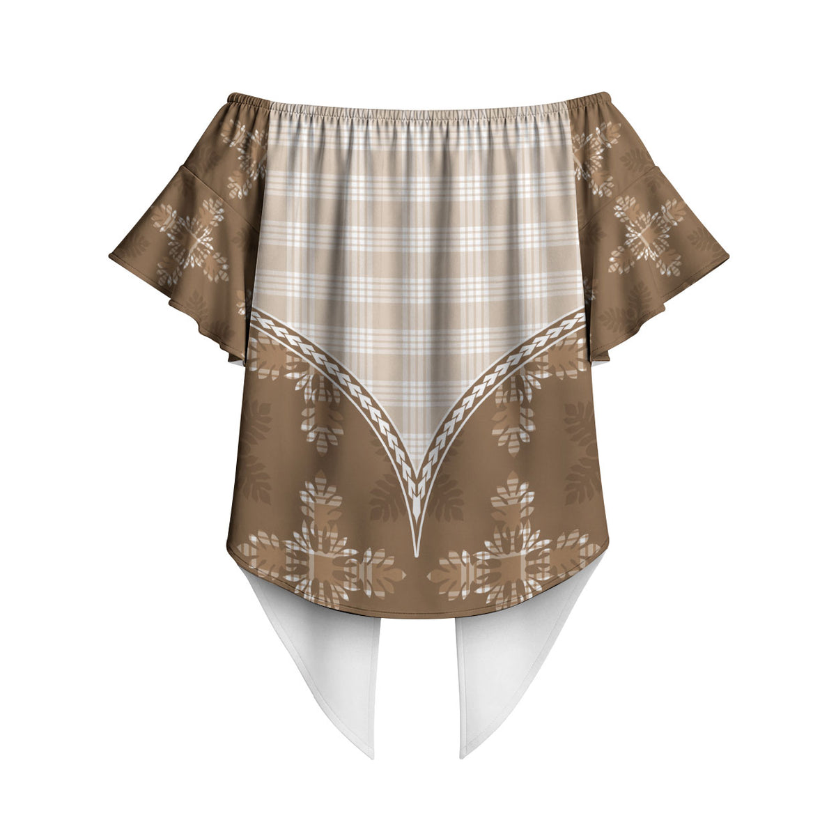 Beige Hawaii Paniolo Quilt Motif Off Shoulder Wrap Waist Top LT05 - Polynesian Pride