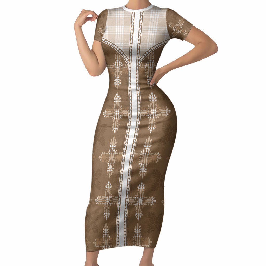 Beige Hawaii Paniolo Quilt Motif Short Sleeve Bodycon Dress LT05 Long Dress Beige - Polynesian Pride