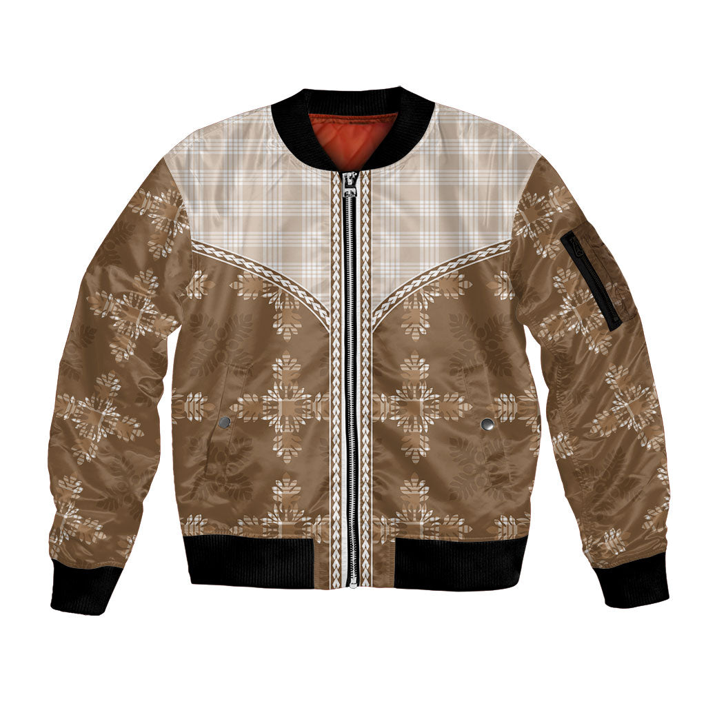 Beige Hawaii Paniolo Quilt Motif Sleeve Zip Bomber Jacket LT05 Unisex Beige - Polynesian Pride