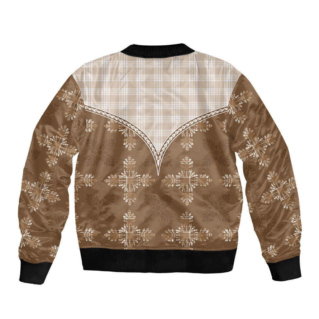 Beige Hawaii Paniolo Quilt Motif Sleeve Zip Bomber Jacket LT05 - Polynesian Pride