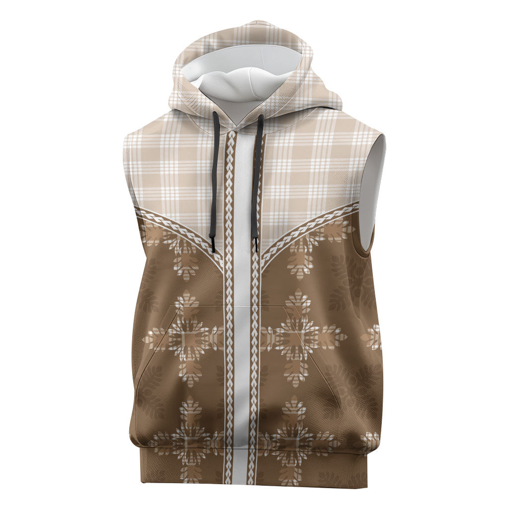 Beige Hawaii Paniolo Quilt Motif Sleeveless Hoodie LT05 Beige - Polynesian Pride