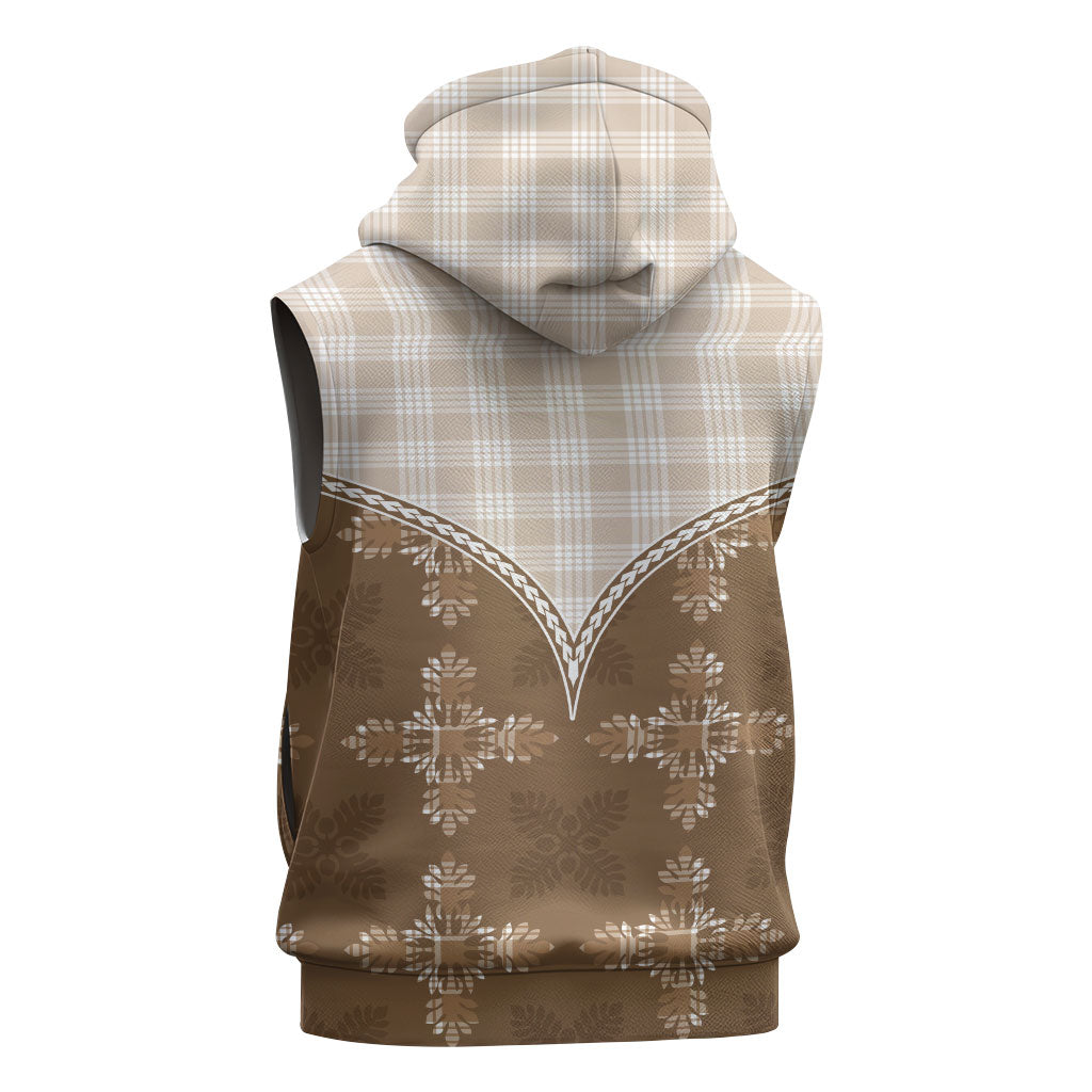 Beige Hawaii Paniolo Quilt Motif Sleeveless Zip Hoodie LT05 - Polynesian Pride