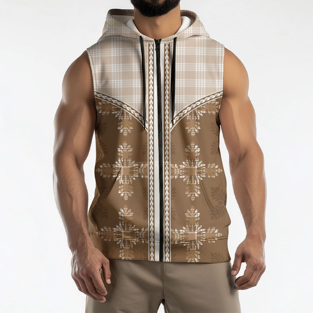 Beige Hawaii Paniolo Quilt Motif Sleeveless Zip Hoodie LT05 - Polynesian Pride