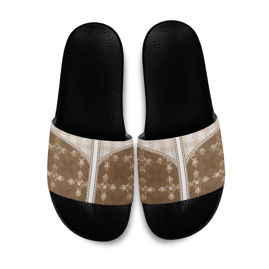 Beige Hawaii Paniolo Quilt Motif Slide Sandals LT05 Beige - Polynesian Pride