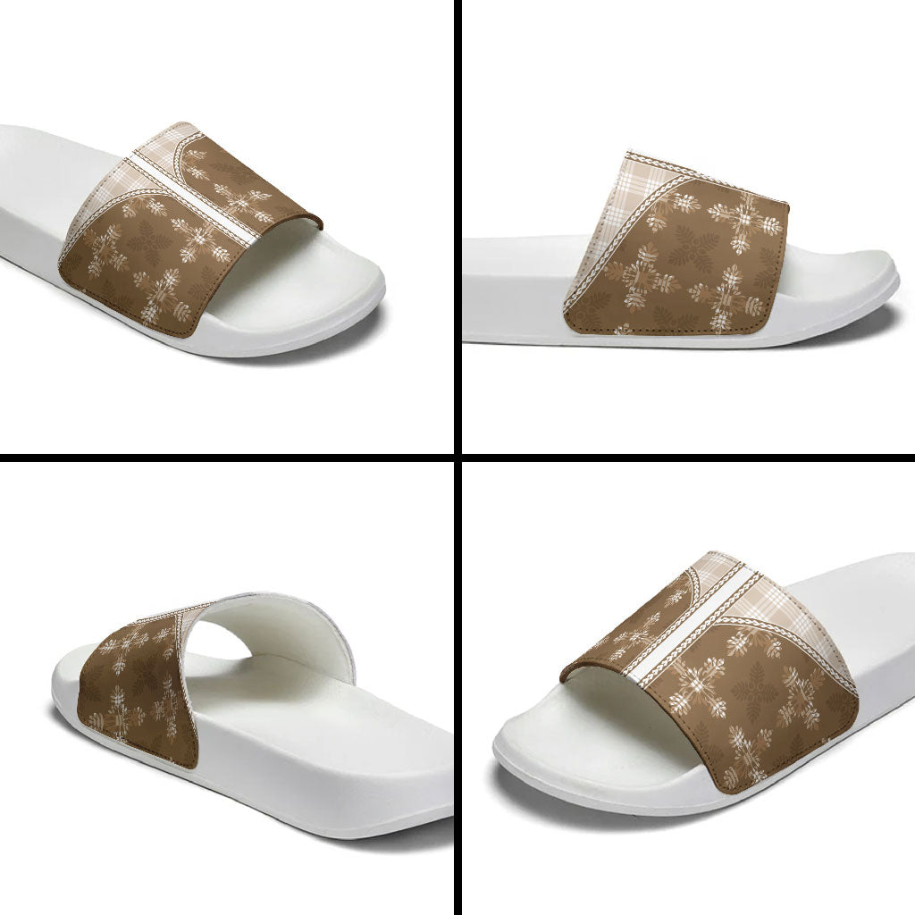 Beige Hawaii Paniolo Quilt Motif Slide Sandals LT05 - Polynesian Pride
