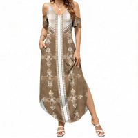 Beige Hawaii Paniolo Quilt Motif Summer Maxi Dress LT05 Women Beige - Polynesian Pride