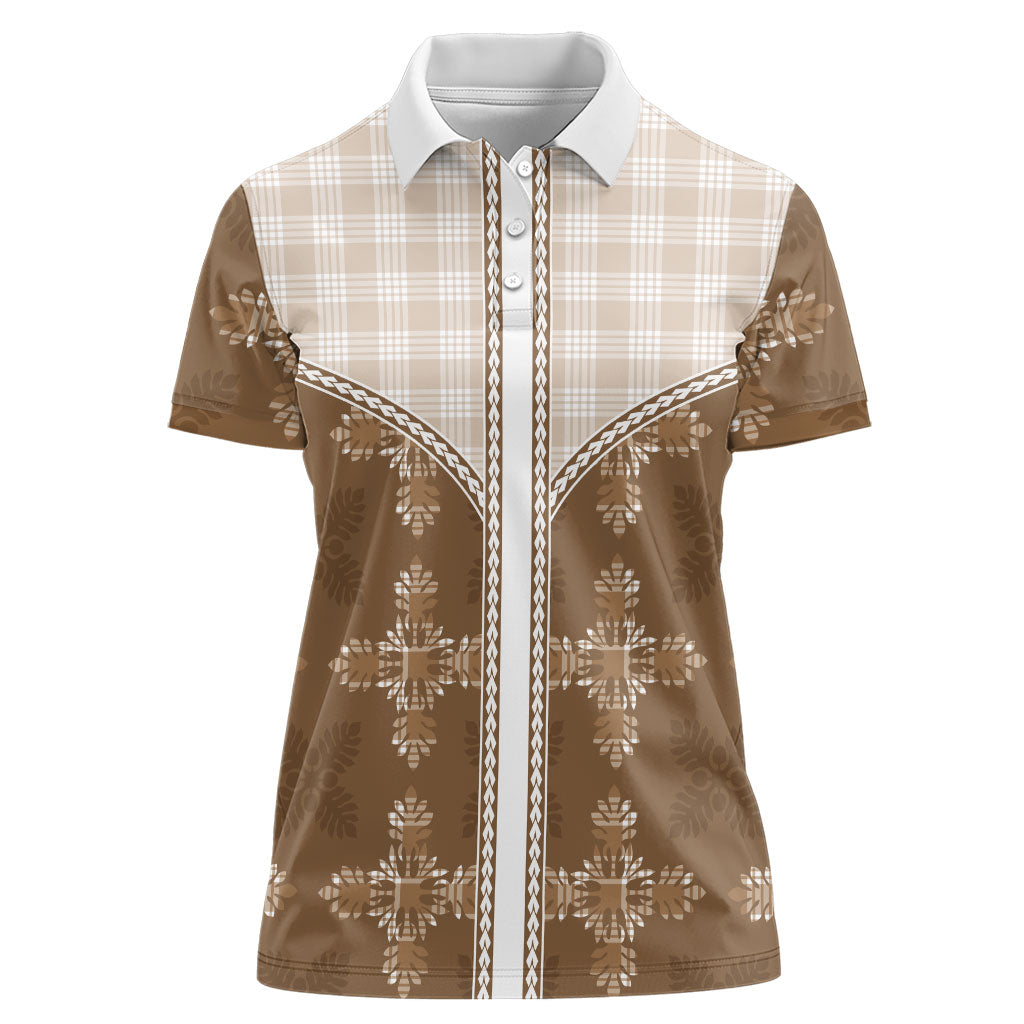 Beige Hawaii Paniolo Quilt Motif Women Polo Shirt LT05 Female Beige - Polynesian Pride