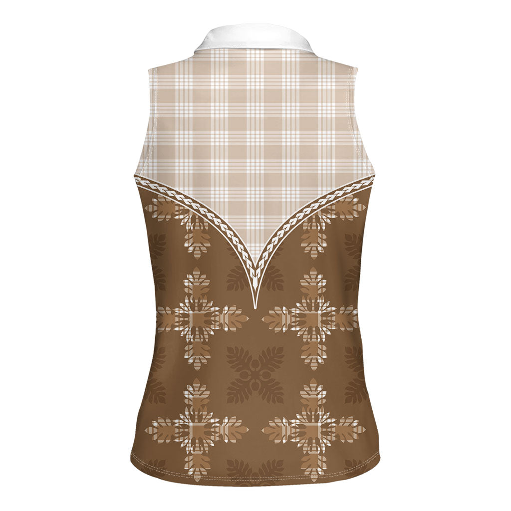 Beige Hawaii Paniolo Quilt Motif Women Sleeveless Polo Shirt LT05 - Polynesian Pride