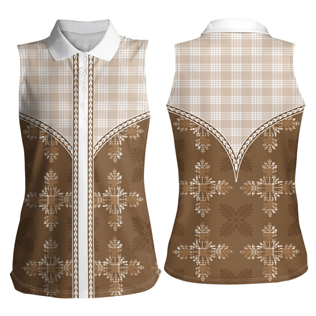 Beige Hawaii Paniolo Quilt Motif Women Sleeveless Polo Shirt LT05 - Polynesian Pride