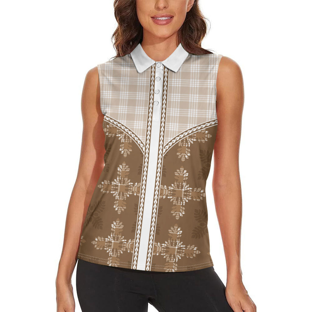 Beige Hawaii Paniolo Quilt Motif Women Sleeveless Polo Shirt LT05 - Polynesian Pride
