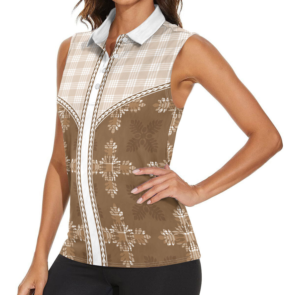 Beige Hawaii Paniolo Quilt Motif Women Sleeveless Polo Shirt LT05 - Polynesian Pride