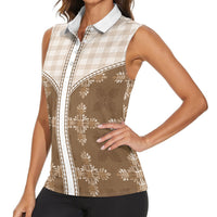 Beige Hawaii Paniolo Quilt Motif Women Sleeveless Polo Shirt LT05 - Polynesian Pride