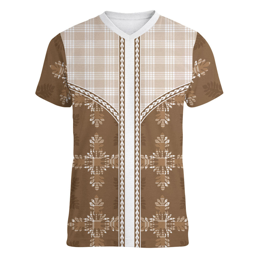 Beige Hawaii Paniolo Quilt Motif Women V-Neck T-Shirt LT05 Female Beige - Polynesian Pride