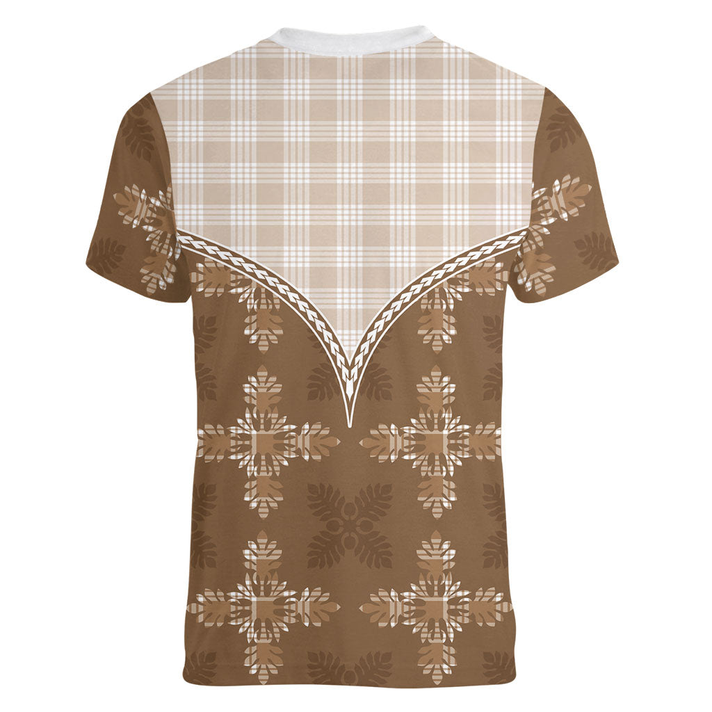 Beige Hawaii Paniolo Quilt Motif Women V-Neck T-Shirt LT05 - Polynesian Pride
