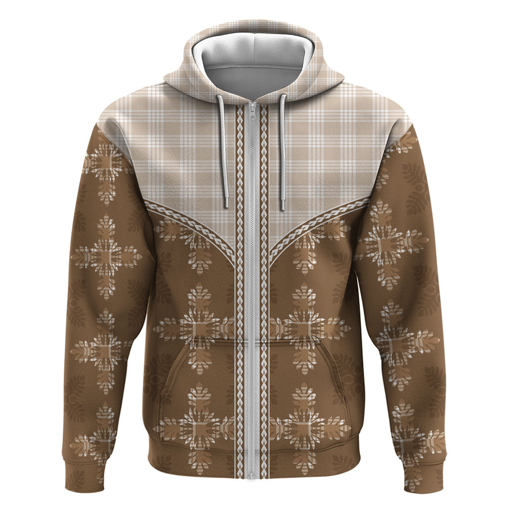 Beige Hawaii Paniolo Quilt Motif Zip Hoodie LT05 Zip Hoodie Beige - Polynesian Pride