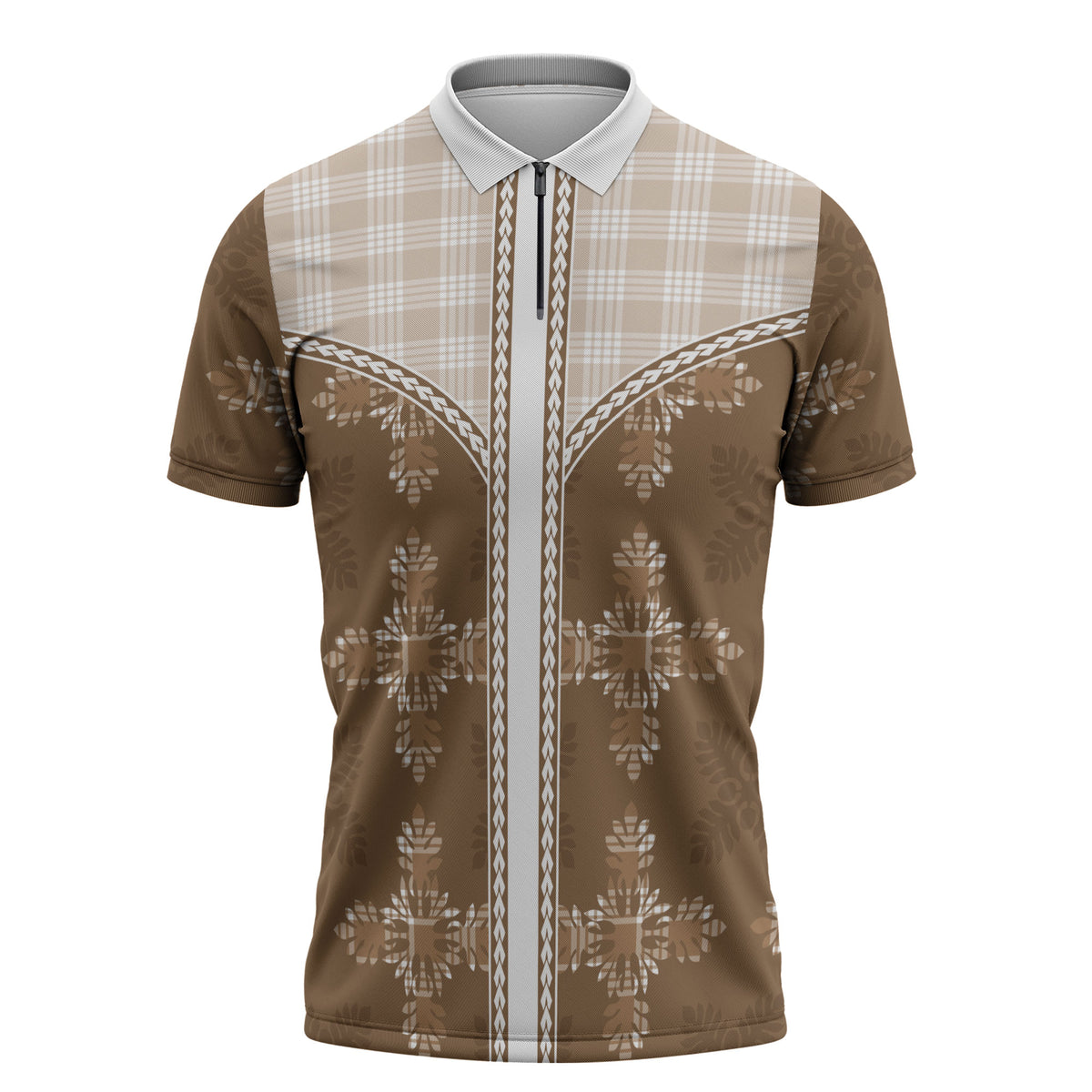 Beige Hawaii Paniolo Quilt Motif Zipper Polo Shirt LT05 Beige - Polynesian Pride
