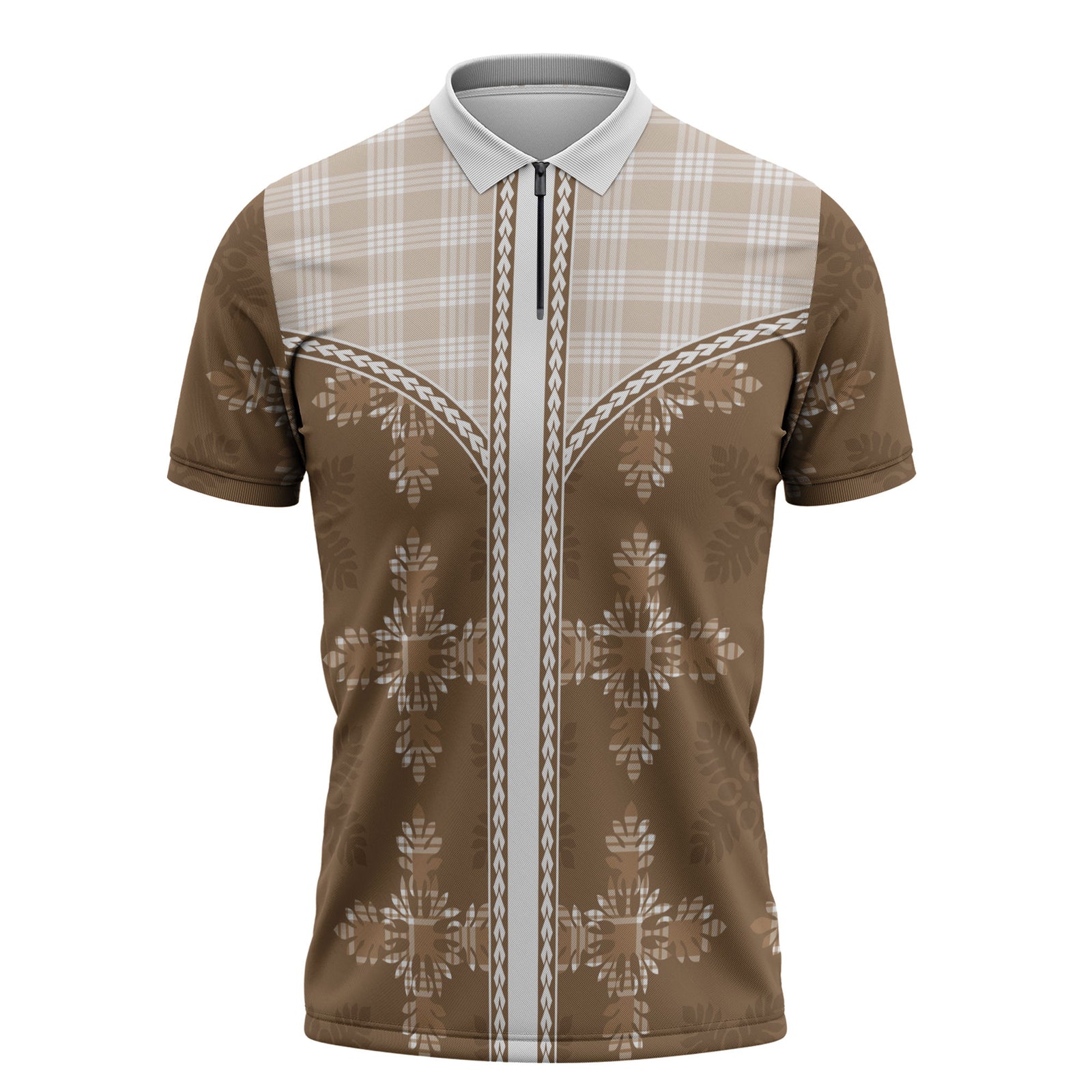 Beige Hawaii Paniolo Quilt Motif Zipper Polo Shirt LT05 Beige - Polynesian Pride