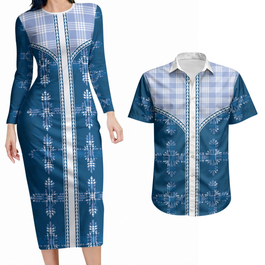 Blue Hawaii Paniolo Quilt Motif Couples Matching Long Sleeve Bodycon Dress and Hawaiian Shirt LT05 Blue - Polynesian Pride