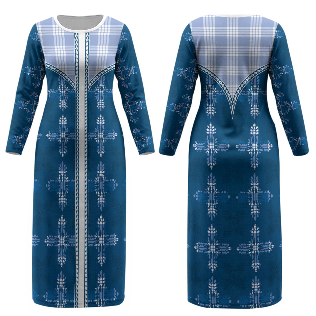 Blue Hawaii Paniolo Quilt Motif Couples Matching Long Sleeve Bodycon Dress and Hawaiian Shirt LT05 - Polynesian Pride
